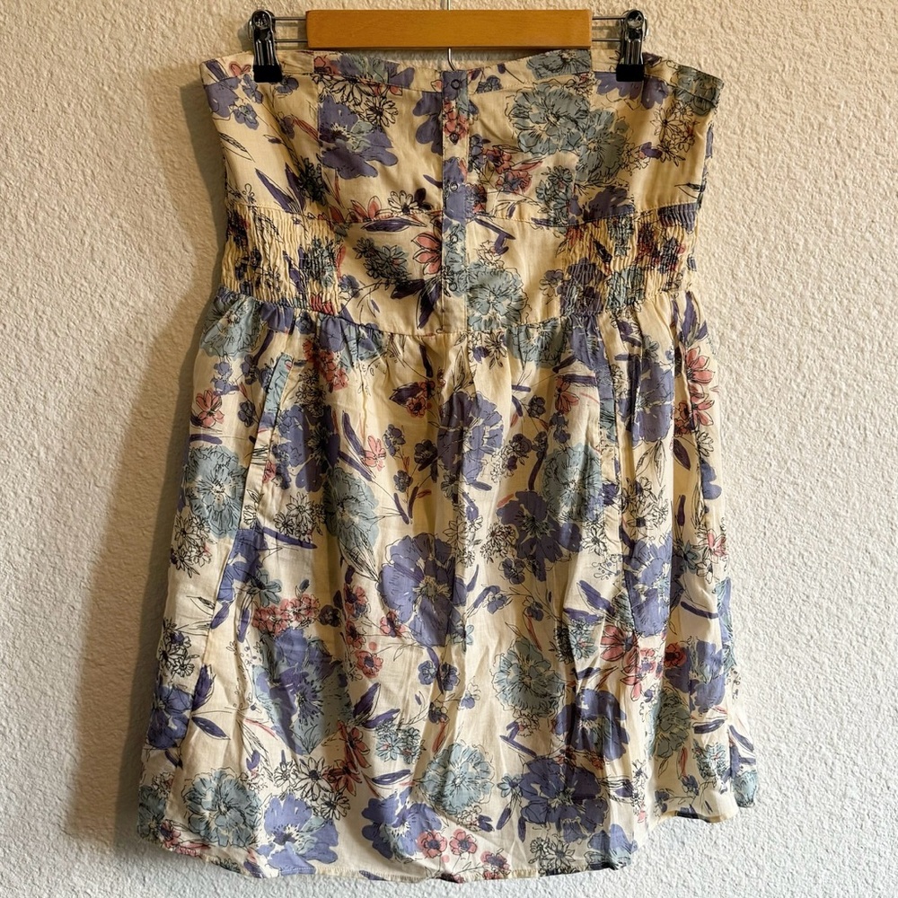 O’Neill Floral Button Down Strapless Mini Dress Cream Blue Purple Women’s Size M
